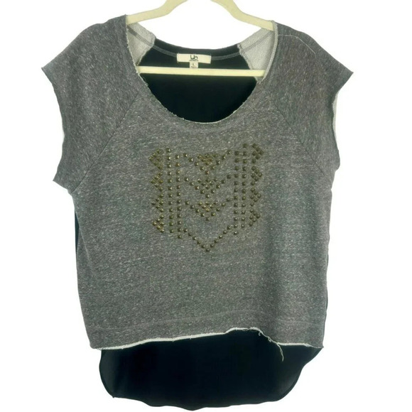 Ya Los Angeles Shirt Women Large Gray Cut Off Sweatshirt Sheer Studded Distress - Picture 1 of 6